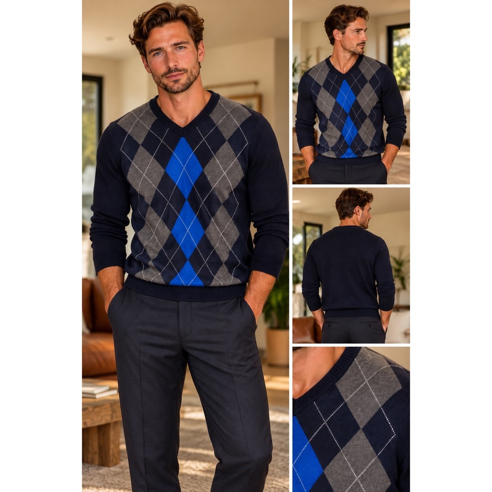 Club Room Mens Navy Blue Argyle V-Neck 100% Pima Cotton Sweater L Career Wear
